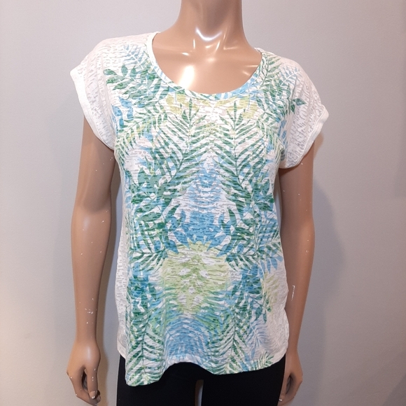 CHAUS SPORT Burnout Tee Short Dolman Sleeve Floral Leaf Print Summer Vacation - Picture 2 of 12